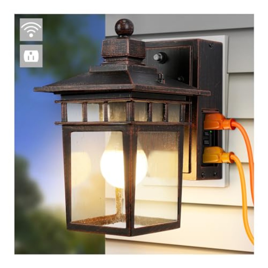 Outdoor Lighting Dusk To Dawn - GFCIコンセント付き屋外照明、夕暮れから夜明けまで点灯するポーチライト、防水屋外壁掛け照明器具、アルミ製ウォールスコンス