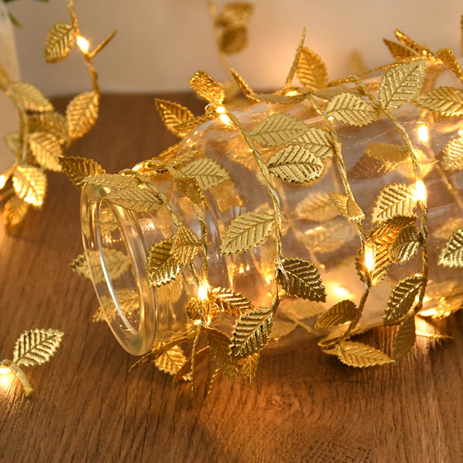 Outdoor Lighting No Wiring - ゴールデンリーフラタン銅線ストリングフェアリーライト電池式、クリスマス結婚式誕生日バルコニー屋内屋外パーティーデコレーション