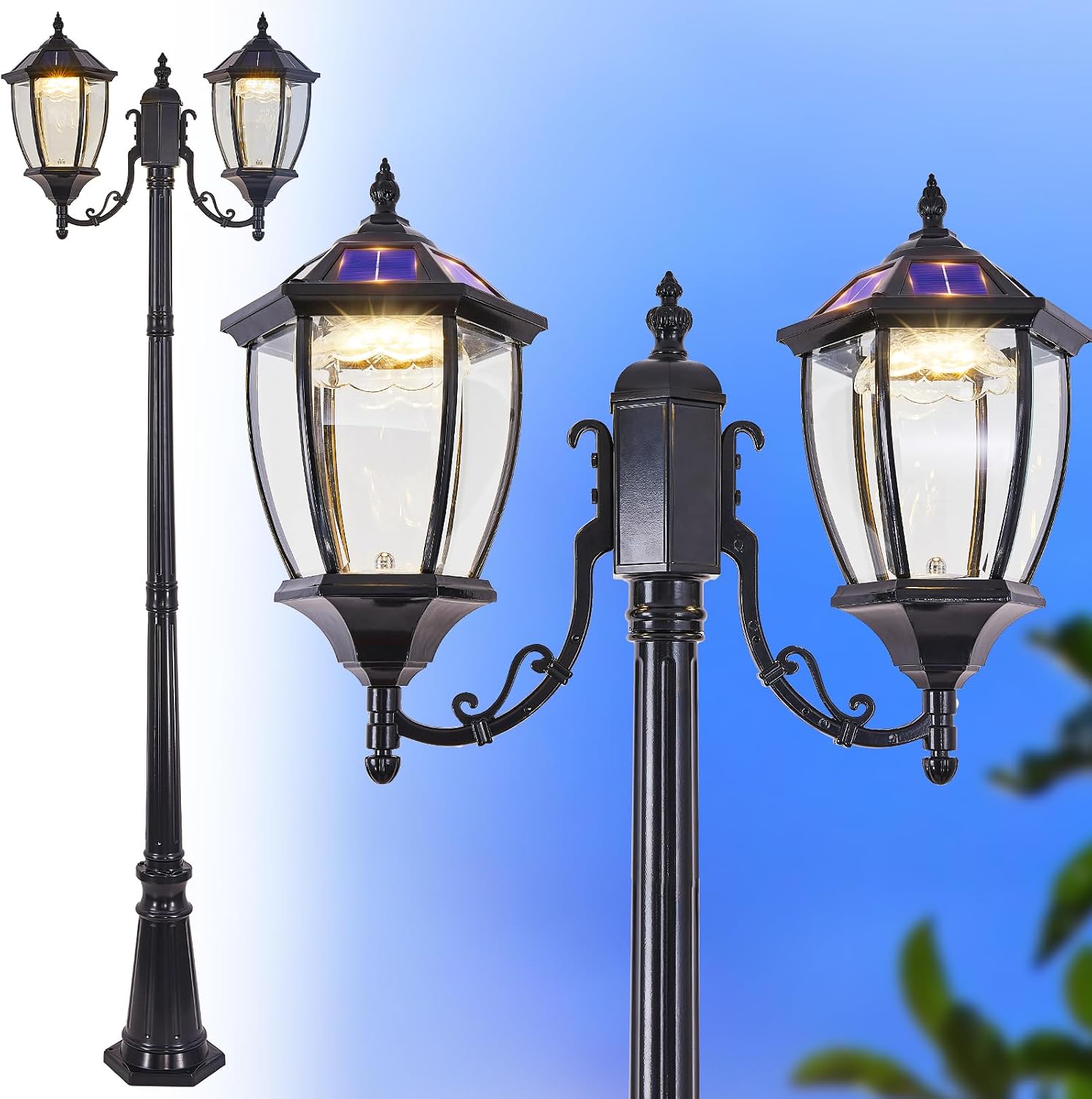 Outdoor Lighting Dusk To Dawn - 屋外ソーラーポールライト 夕暮れ・夜明けセンサー 防水 ガーデンパティオ通路 車道用 透明ガラス街灯