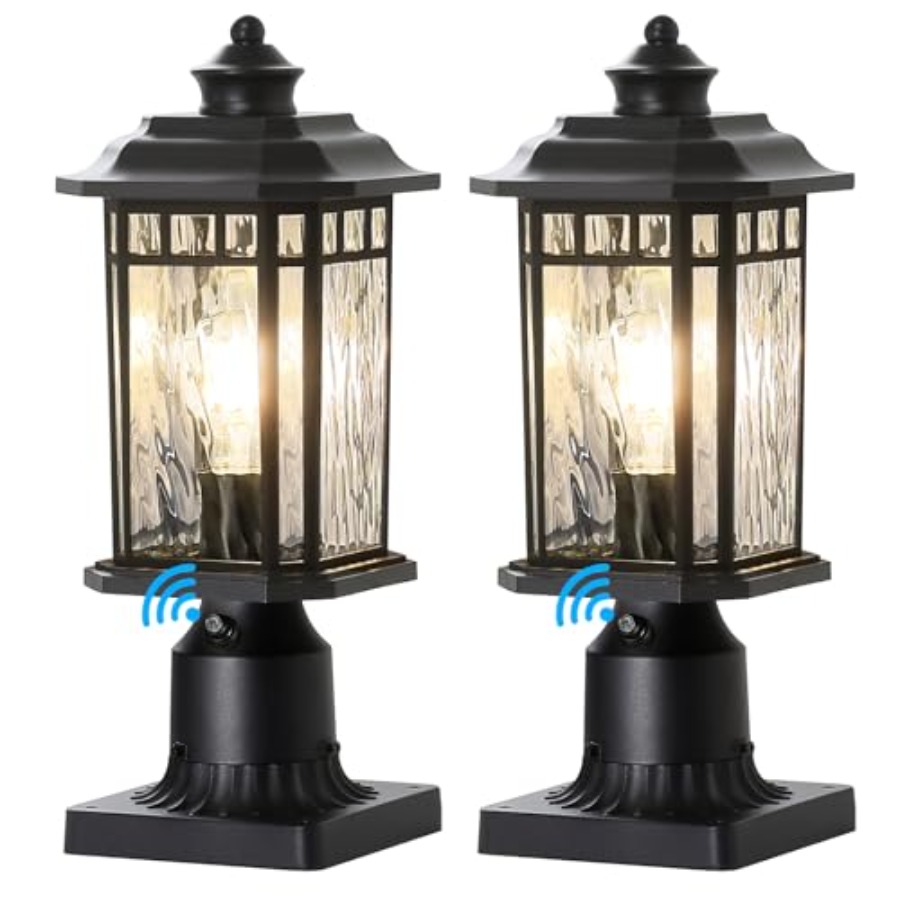 Outdoor Lighting Dusk To Dawn - 2個パック屋外ポストライト、夕暮れから夜明けまで点灯する屋外ランプポストライト器具、ピアマウントベース付き、防水アルミニウムポストランタン