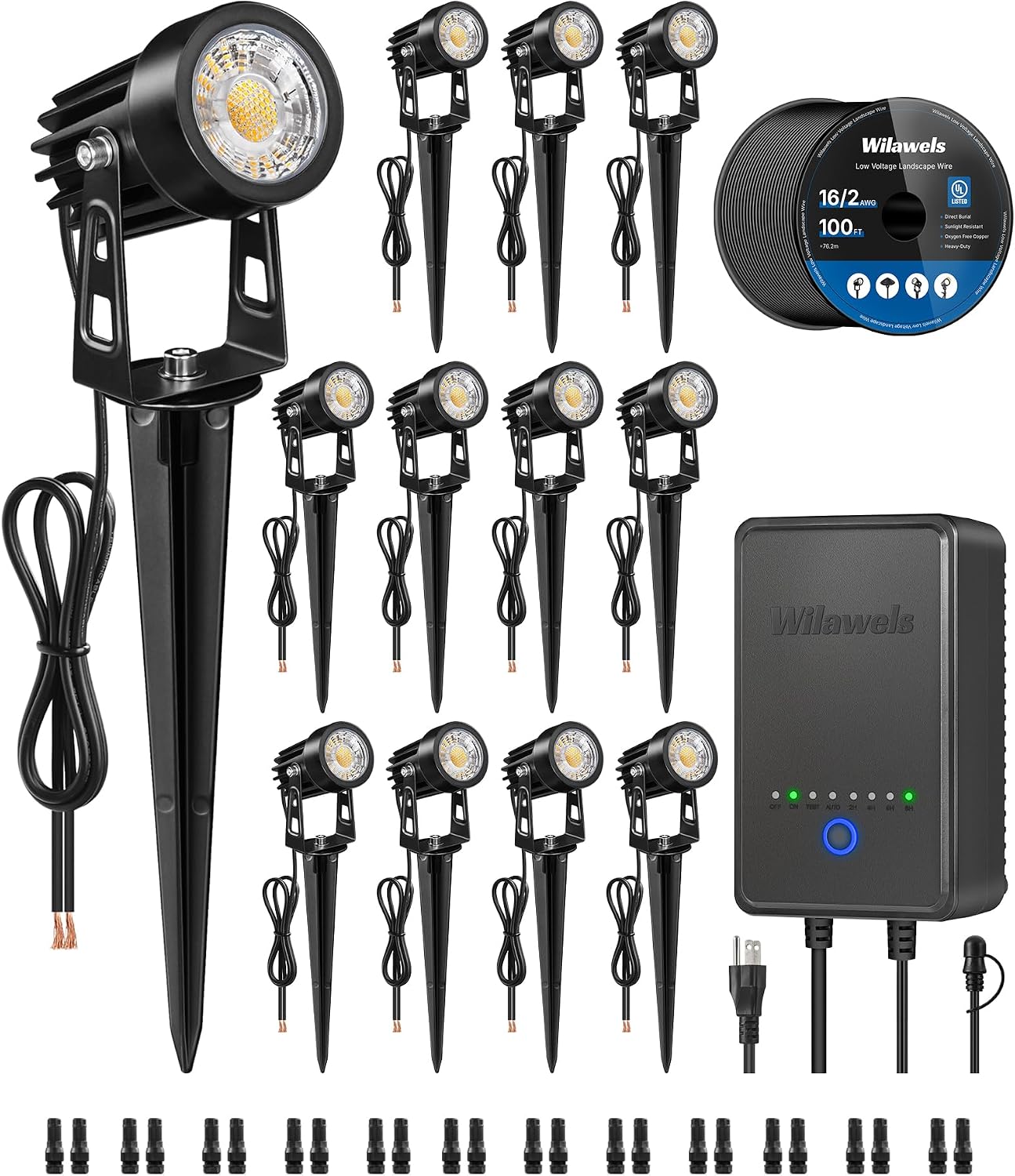 Outdoor Lighting Kits Low Voltage - 低電圧オールインワンLED景観照明キット 12個スポットライト 変圧器 100フィートワイヤーコネクター 3000K 防水屋外ヤード用