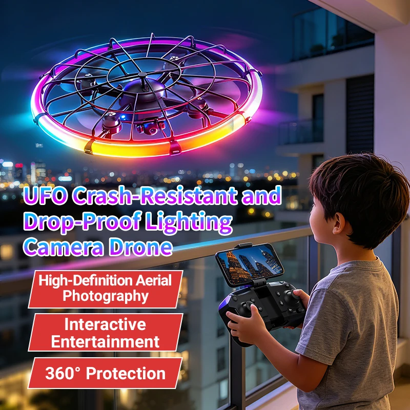 Outdoor Lighting Box - JJRC H145 UFO RCドローン、デュアルHDレンズ、RGBフローライト、フルボディプロテクション、空撮クアッドコプター玩具