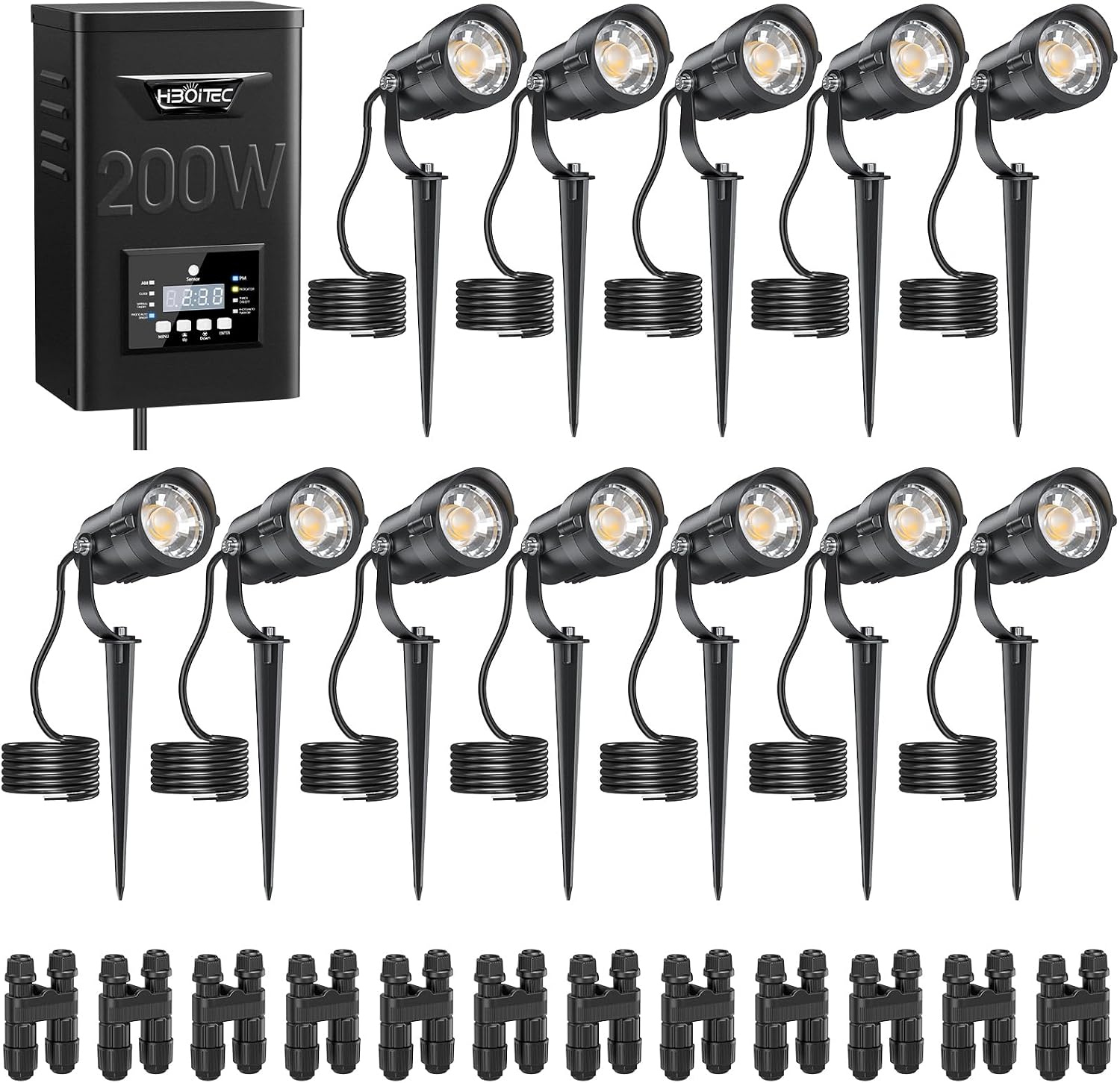 Outdoor Lighting Kits Low Voltage - 12W景観照明キット 200W低電圧トランス 夕暮れ/夜明けタイマー 2900K 有線防水LED屋外スポットライト 庭園用