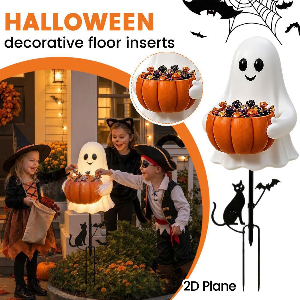 Outdoor Lighting Pathway - 2Dハロウィーンの幽霊とカボチャのキャンディホルダー。屋外の庭や芝生、通路の装飾に。トリック・オア・トリート用の収納スタンドとしても使えるオーナメント。