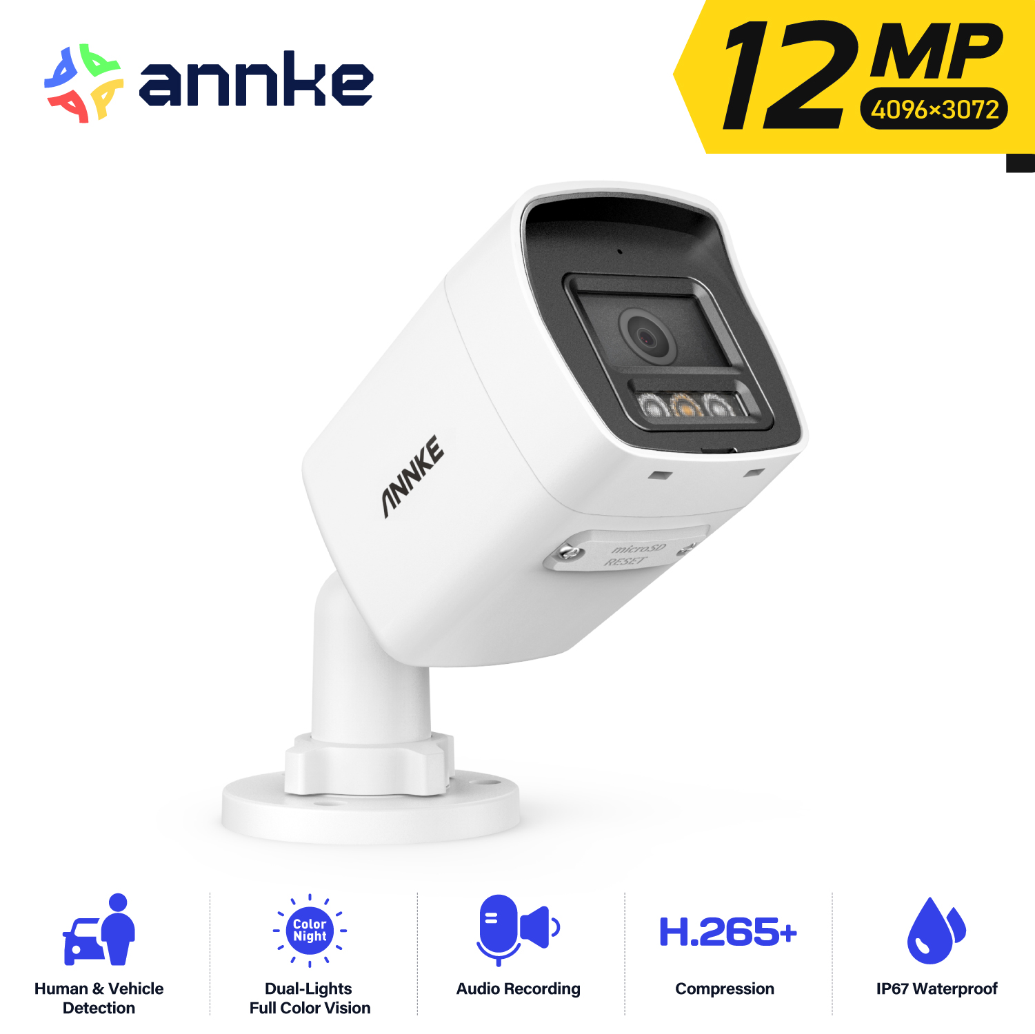 Outdoor Lighting Under Roof - ANNKE 12MP PoE セキュリティカメラ屋外用、スマートデュアルライト搭載バレット型 IP カメラ、人間/車両検知機能付きカラー暗視