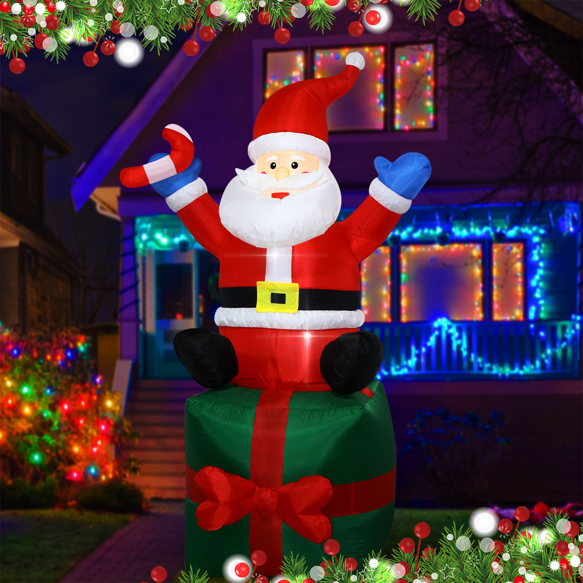6フィートのクリスマスインフレータブルサンタ、ギフトボックス - Outdoor Lighting Box のレビューと価格