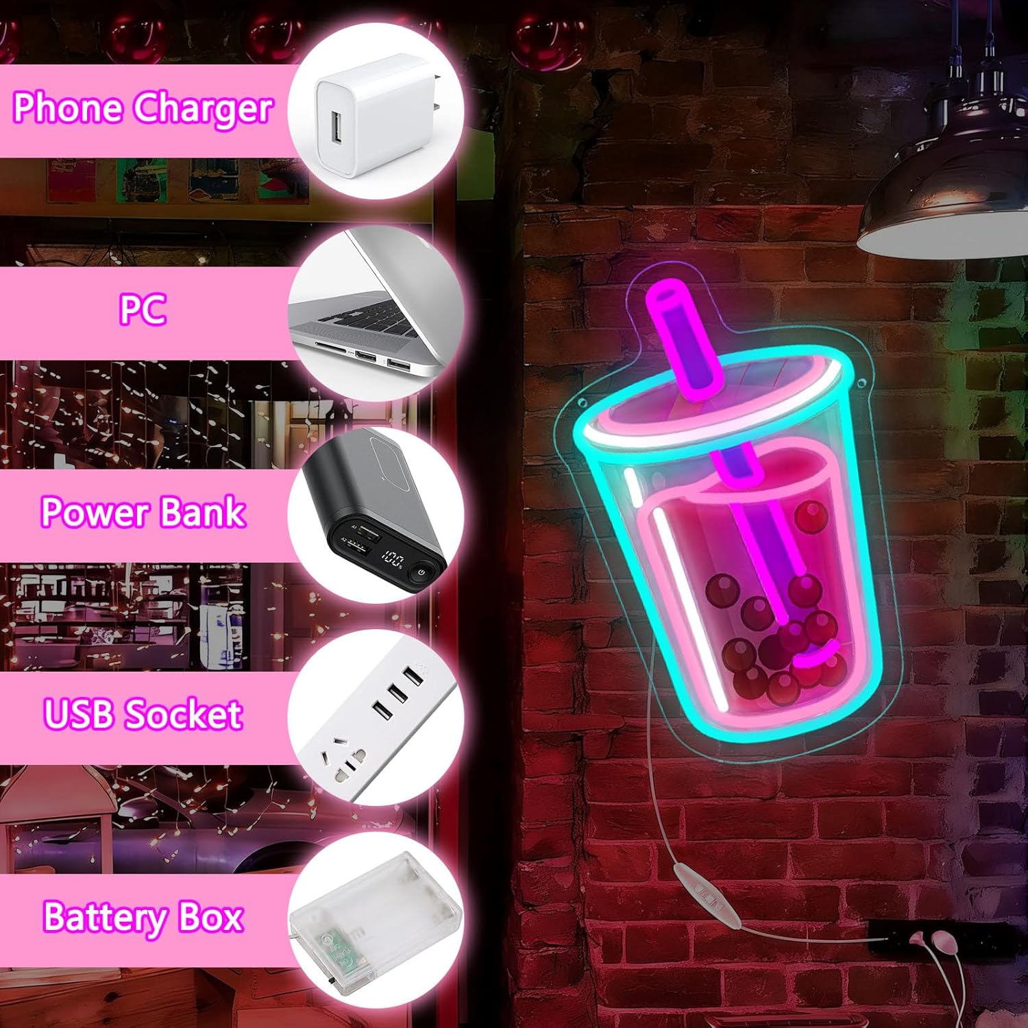 バブルティーネオンサイン USB 電源付き調光可能な LED - Outdoor Lighting Restaurant のレビューと価格